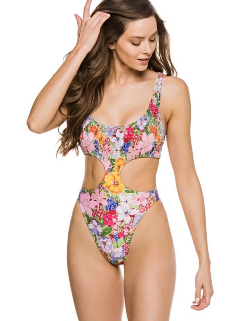 Summerful Floral Cutout One-Piece Swimsuit in Multicolor, Smocked top